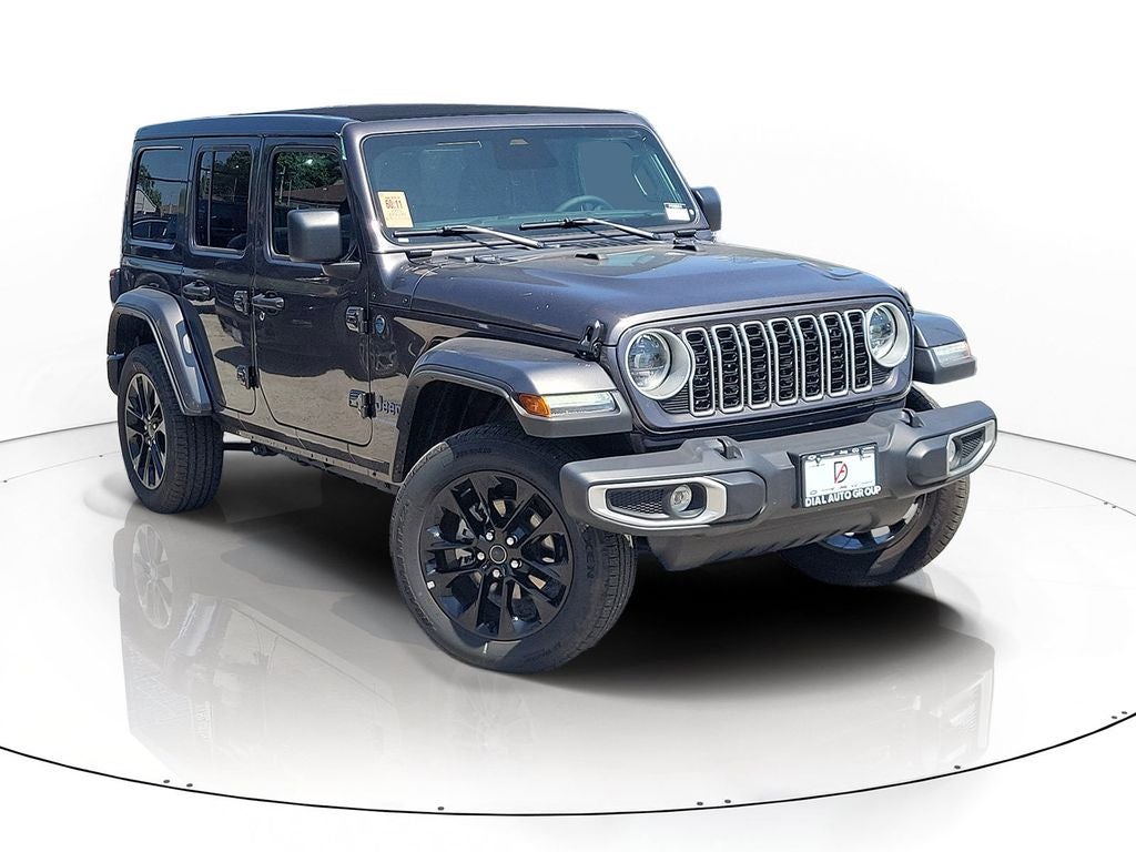 2025 Jeep Wrangler Sahara 4xe in Granite Crystal Metallic Clearcoat — front three-quarter view