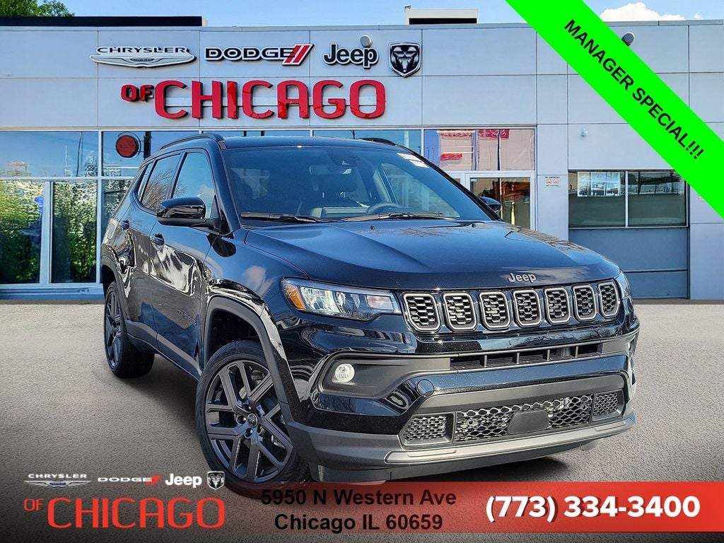2026 Jeep Compass Latitude in Diamond Black Crystal Pearlcoat — front three-quarter view