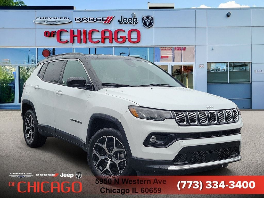 2025 Jeep Compass Limited in Bright White Clearcoat — front three-quarter view