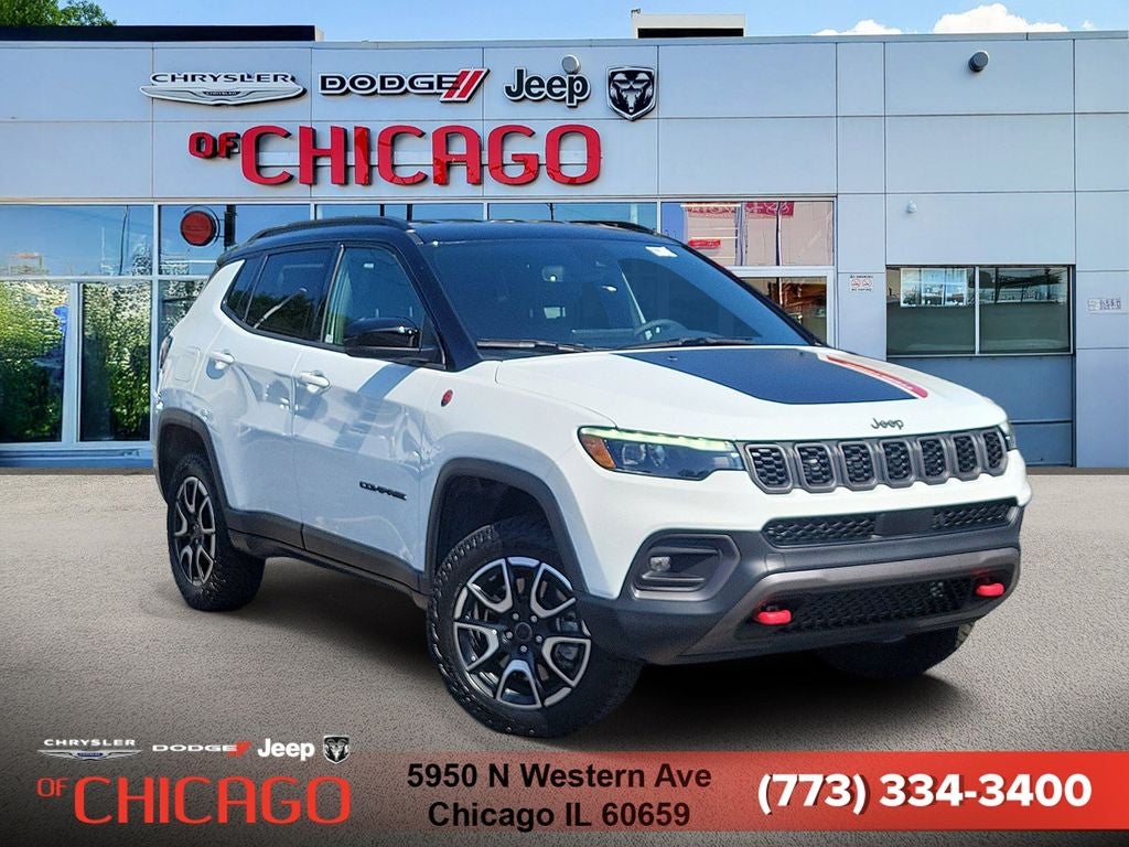 2025 Jeep Compass Trailhawk in Bright White Clearcoat — front three-quarter view