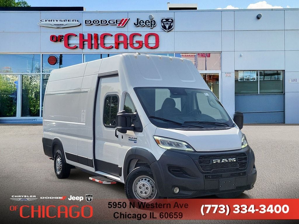 2024 RAM ProMaster 3500 EV Super High Roof 159 WB in Bright White Clearcoat — front three-quarter view